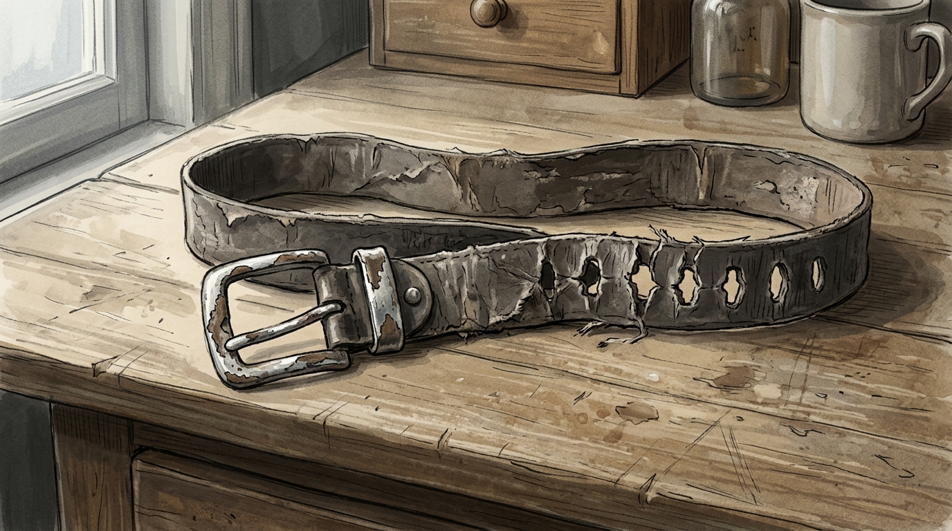 A cheap belt with torn oval holes and peeling buckle plating